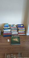Three floor stacks of assorted books plus oversize Earth photography volume