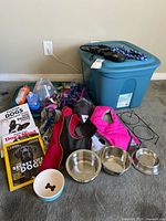 Group shot: tote, bowls, stand, leashes, water bottles, cone, clothing, magazines