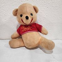 Front view of tan plush Winnie the Pooh wearing red shirt