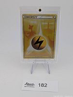 Card in protective case on acrylic stand, lot tag visible