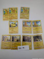 All ten Pikachu cards laid out to show fronts