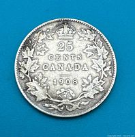 Reverse of 1908 Canadian 25-cent coin showing denomination, maple leaf wreath, crown, date