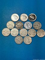 All 14 coins laid out showing mix of reverse designs and overall wear
