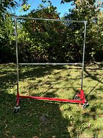 Full view of assembled garment rack outdoors