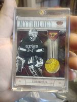 Front of Ed Belfour Mythology card in magnetic case showing jersey swatch