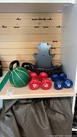 Group view of dumbbells, kettlebell, medicine ball, belt, rope on slatwall shelf