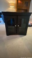 Front view of black TV stand with glass doors closed
