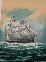 Full view of signed oil painting depicting sailing ship on sea