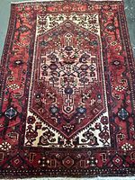 Full view of rectangular Persian rug showing overall pattern and colors