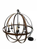 Full view of rustic orb chandelier showing six lights and spherical frame