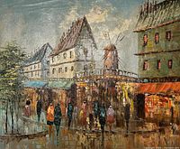 Full view of signed oil on canvas painting showing entire scene and signature