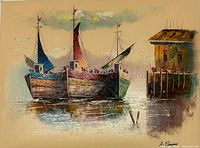 Front view of signed oil on canvas painting showing entire scene and signature