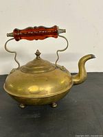 Side view of brass teapot showing gooseneck spout and amber glass handle