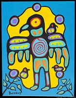 Full view vertical orientation of painting showing thunderbird design and signature