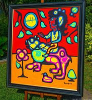 Frontal view of framed painting outdoors showing entire artwork and frame