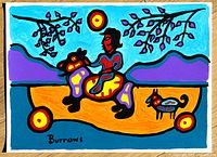 Full view of painting showing imagery, colors and signature