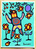 Full view of vertical orientation painting showing bear, flowers and signature