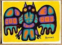 Full view of painting laying flat, shows colours and signature