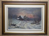 Front view of framed winter scene painting