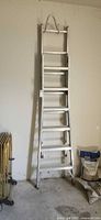 Full view of the 12-ft aluminum extension ladder leaning against wall