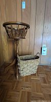 Oak plant stand and woven basket front view