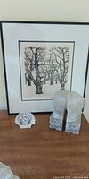 Full lot showing Waterford clock, marble bookends, framed print