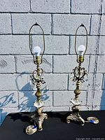 Full view of both matching lamps showing size, style, harps, bulbs and wiring