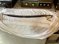 Sword inside blue scabbard on table