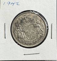 Reverse of 1942 Canadian half dollar showing coat of arms and date
