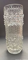 Full view of clear textured cylindrical vase front