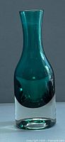 Front view of teal green glass vase showing full shape and clear base