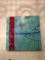 Frontal view showing entire abstract painting and signature