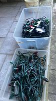 Two clear plastic totes containing coiled green-wire C9 light strings