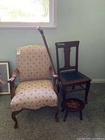 Group shot showing armchair, side chair, footstool and walking stick