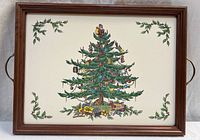 Front view of the tray showing full Christmas Tree motif and wooden frame