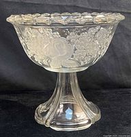 Full view of pedestal bowl showing frosted rose motifs and clear pedestal