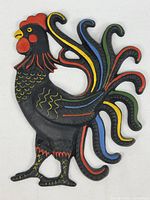 Full view of cast iron rooster plaque showing size and colors