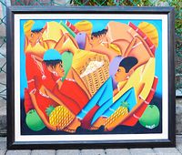 Frontal view of framed painting showing full artwork, colours and subject matter