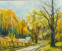 Close view of painting showing farmhouse, road and trees