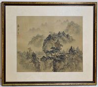 Full view of framed Chinese silk painting under glass