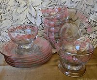 Group view of stacked saucers and bowls showing count and pattern