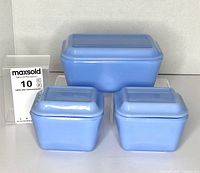 Front view of three blue Pyrex refrigerator containers with lids