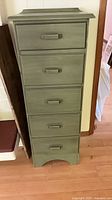 Front view of green five-drawer cabinet