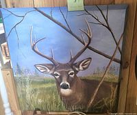 Front view of signed deer painting on canvas showing antlers and background