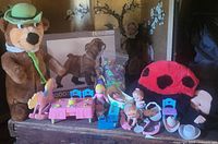 Overall lot with Yogi Bear plush, puzzle, bag of plastic pieces, doll furniture and figures