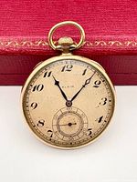 Front view showing dial, hands, numerals, case color and bow