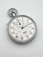 Front view of Heuer stopwatch showing dial and crown