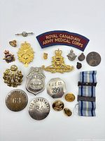 Full layout of all military and employment badges and pins on white background