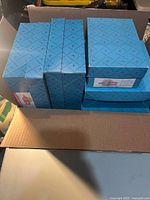 Nine blue Madame Alexander boxes inside shipping carton