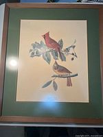 Framed Audubon print full view showing cardinals, mat and frame